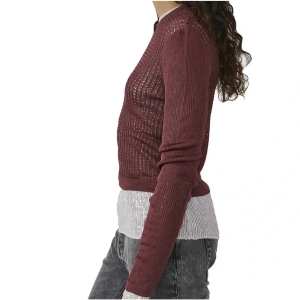 Free People H20 Crew Pullover Sweater Womens Open Knit Ribbed Mesh Sz Medium